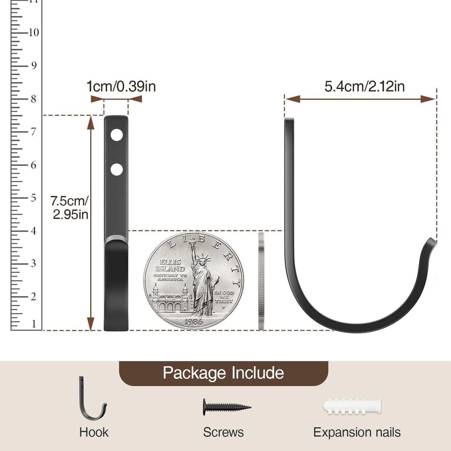 Josmimic 10-Pack Wall Hooks for Hanging Towel/Coat - 22LB Screw in Metal Hanger Wall Mount, for Outdoor, Closet, Door, Bathrooms, for Backpack, Robe, Black