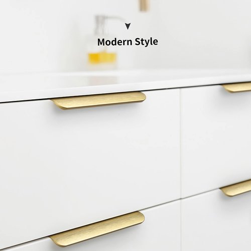 Satanga Edge Finger Pull for cabinets Kitchen Concealed Drawer pulls Aluminum Hidden Door Handle for Home 10 Pack Modern Brushed Brass 4.72" Overall Length Easy Installation