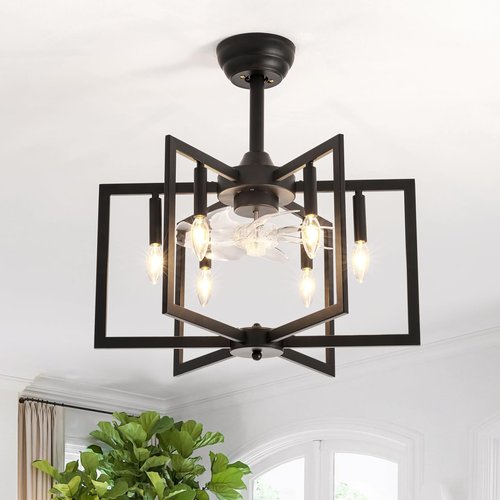 DDLLDESHI Black Chandelier fan Farmhouse Ceiling Fan with Light and Remote Modern fandelier ceiling fan with light for Bedroom,Kitchen,living room,foyer(6 Speed, Timing Adjustable Height)