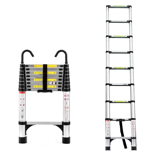 8.5FT Collapsible Ladder, Aluminum Extension Ladder with Fixed Lock & Safety Hook, 330lbs Capacity, Portable Telescopic Ladder with Handle, Telescoping Ladders for Home Roof Rv Attic (8.5FT)