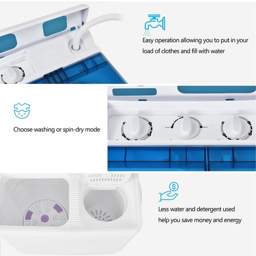 COSTWAY Portable Washing Machine Twin Tub 26 Lbs Capacity, 18 Lbs 8 Lbs Spinner, Compact Control Knobs Timer Function, Drain Pump, Laundry washer, for Apartment RV, Blue