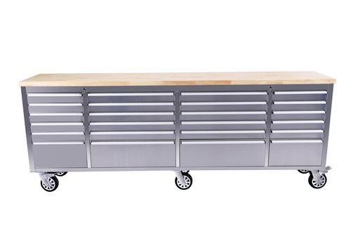 IDEALHOUSE 96 inch Rolling Tool Chest, Garage Workbench with 24 Drawers, Solid Rubber Wood Top & with Wheels Lock Key Locking, Mobile Workstation Tool Cabinet for Workshop Storage