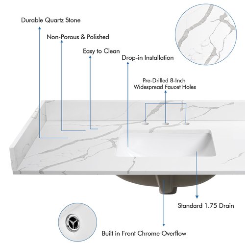 EQLOO 42 in.W x 22 in.D Quartz Calacatta River Vanity Top,with Undermount Middle Sink Vanity Top,with Two Sidesplash & One Backsplash,8 Inch Faucet Hole Spread Bathroom Vanity Sink Countertop
