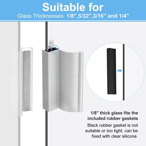 3-3/4-inch Aluminum Frameless Shower Door Handle with Metal Strike Plate and 3-inch Shower Door Magnet. Suitable for Glass Doors with thicknesses of 1/8 inch, 5/32 inch, 3/16 inch, and 1/4 inch.