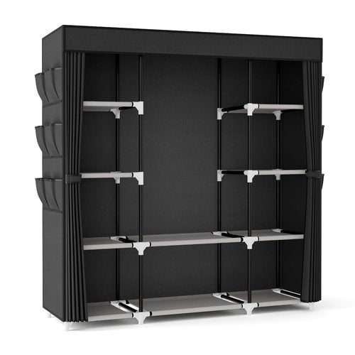 VTRIN Portable Closet Wardrobe for Hanging Clothes 57.3 Inch Large Capacity Clothes Rack with Cover, 10 Storage Organizer Shelves, 1 Hanging Rods and 6 Pockets, Free Standing Closet for Bedroom, Black