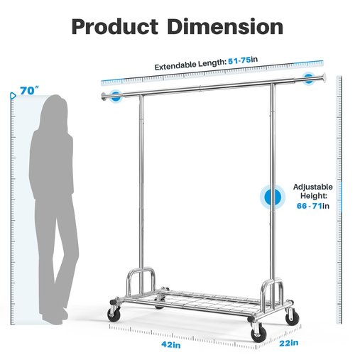 HOKEEPER Clothing Garment Rack Capacity 525LBS Clothing Racks on Wheels Rolling Clothes Rack for Hanging Clothes Heavy Duty Collapsible Commercial