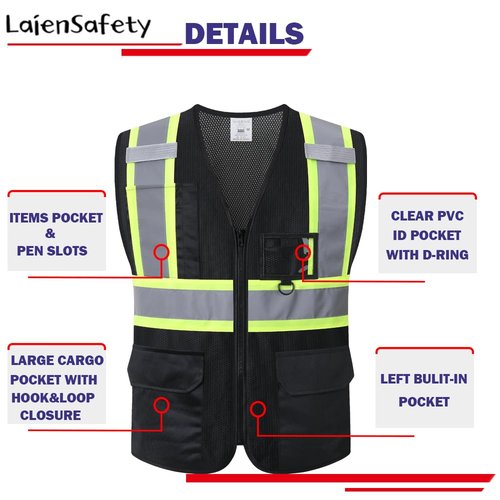 LaienSafety Safety Vest for Men Women,Mesh High Visibility Reflective Vest with Multiple Pockets and Zipper Front,Meets ANSI/ISEA Standards(EK1-178-Black-L)
