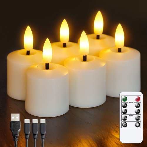 Mavandes Rechargeable Small Flameless Tea Light Candles with Remote Function, LED Votive 2/4/6/8 Hours Timer Ivory 1.5" x2.5" Mini Plastic Set of 6 Tealight (Charging Cable Included)
