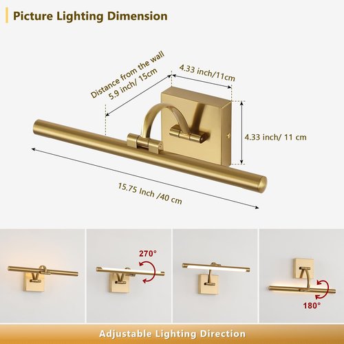 DESOOP Brass Picture Lights for Wall Hard-Wired LED Picture Lighting Dimmable Art Light Gallery Lighting for Wall Portraits Artwork 15.75 inch 7W Warm White