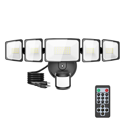5000LM Motion Sensor Outdoor Lights Plug in, 5 Head Motion Sensor Flood Light Outdoor with Remote, Dusk to Dawn Outdoor Lighting, IP65 Waterproof Motion Detector Lights for Outside, Black