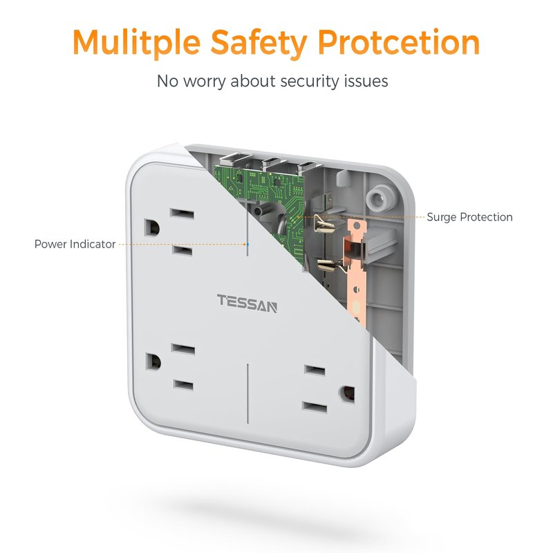 Multi Plug Outlet Extender, TESSAN 4 Outlet Splitter 3 USB Wall Charging Ports (2 USB C), Wide Spaced Multiple Expander Surge Protector for Office, Home, College Dorm Room