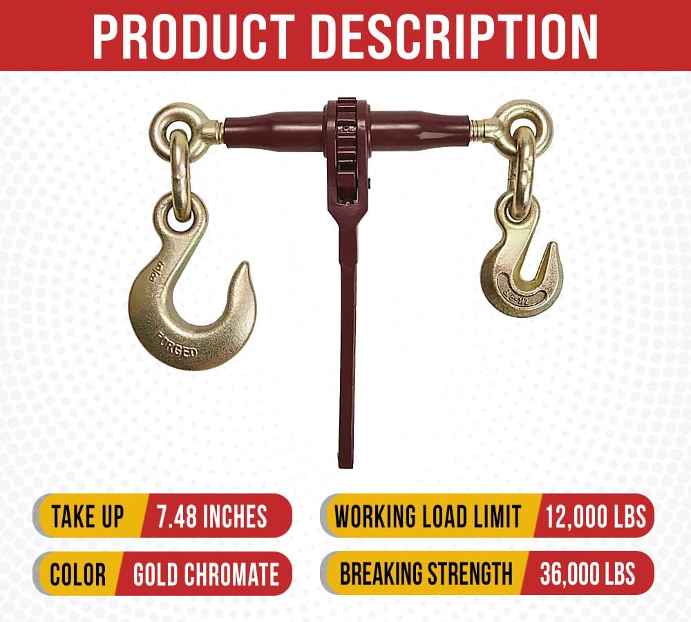 Mytee Products (4 Pack) PRO Heavy Duty Chain Specialty Binder Ratchet Style 3/8"-1/2" Grab Hook & 5/8" Slip Hook, 12,000 lbs WLL