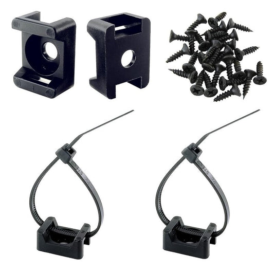 HS Saddle Type Cable Zip Tie Mounts Base Kit with Screw Hole,Set Strong 6 Inch Nylon Cable Ties and Screws Each 100 PCS,Wire Clips Anchor Management Fastener for Baseborad,Wall or Desk,Black