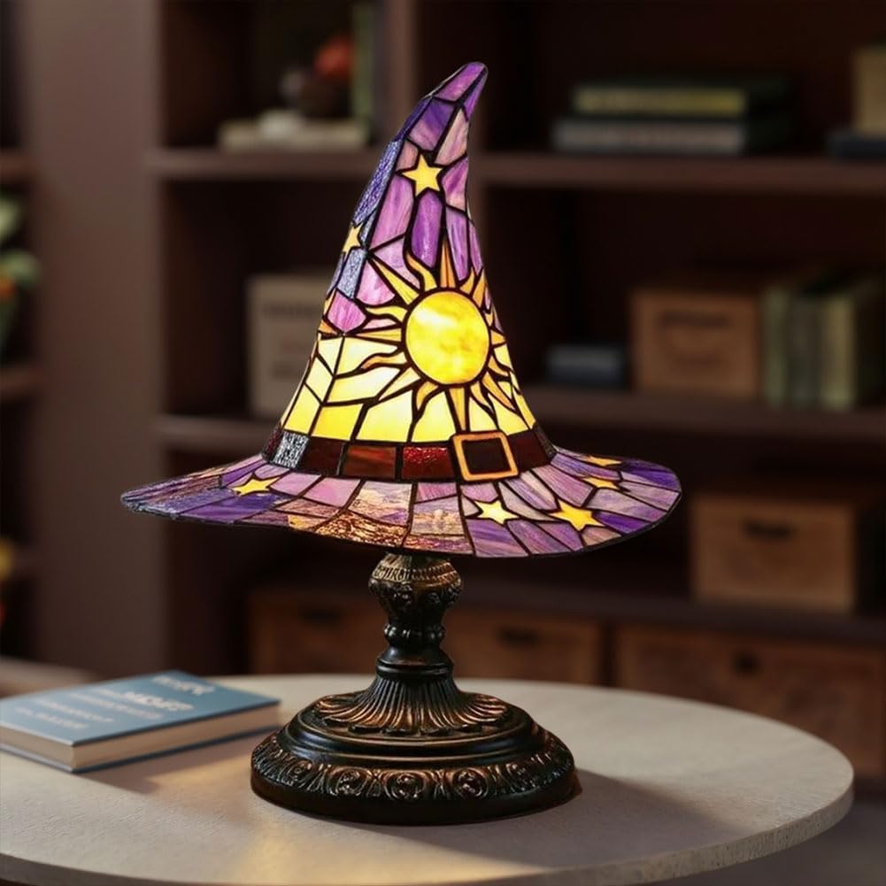 HatLeb Witch Hat Lamps, Handcrafted Stained Glass Resin Wizard Hat Light Gothic Table Lamp for Halloween Decor, Spooky Night Light for Bedroom and Indoor Parties, Unique Wiccan Gift