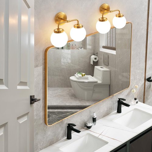 Deyidn Bathroom Vanity Light Fixtures Over Mirror, Modern Brass Gold 2 Lights Wall Sconce Lighting with Milky Glass Ball Shades, Mid Century Farmhouse Bathroom Lighting