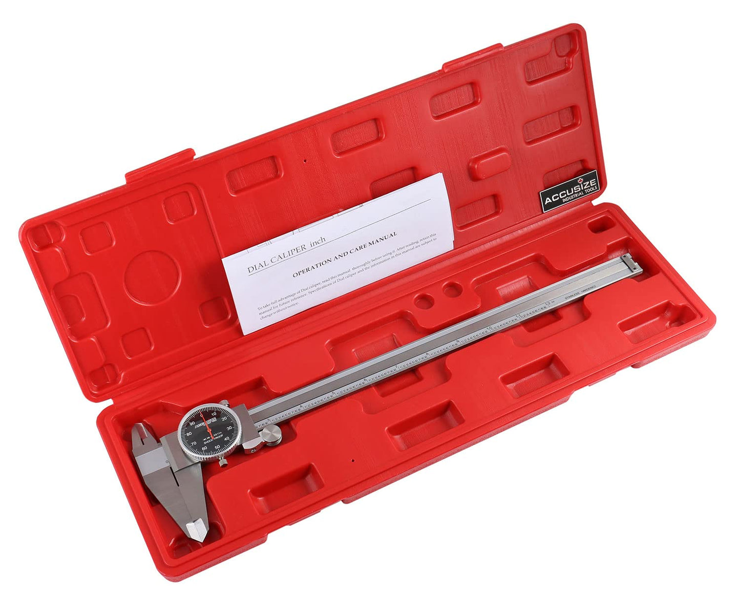 Accusize Industrial Tools 0-12'' by 0.001'' Black Face, Red Needle, Dial Caliper Stainless Steel in Fitted Box, P920-B212