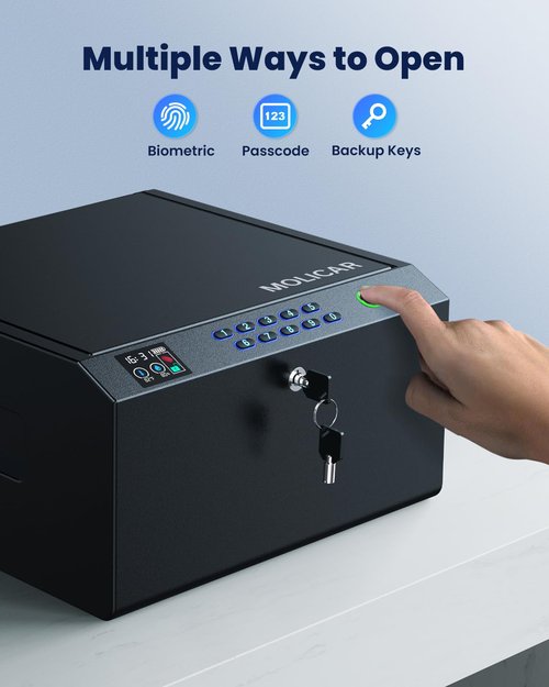 MOLICAR Gun Safe fits 4 pistols, Biometric Gun Safes for Handgun with LCD of Temp Humidity Battery, USB-C Port, Fingerprint Quick Access Pistol Case, Hand Gun Lock Box for Home Bedside Nightstand Car
