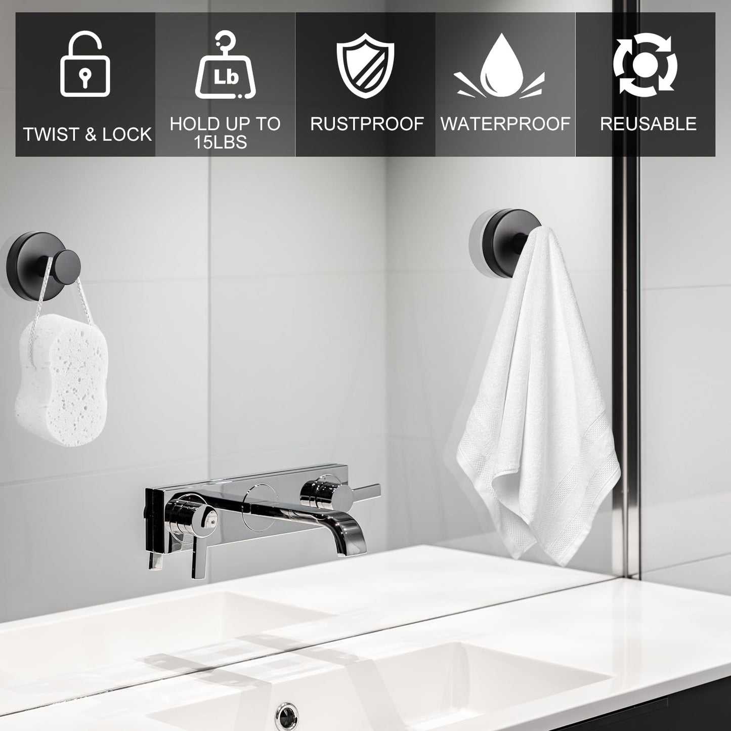 Dntorx Vacuum Suction Cup Hooks, 2 Pack Stainless Steel Suction Hooks for Shower Bathroom Towel Hook Shower Hooks Holders Hanging Towels, Loofah, Robe, Coat(Black)