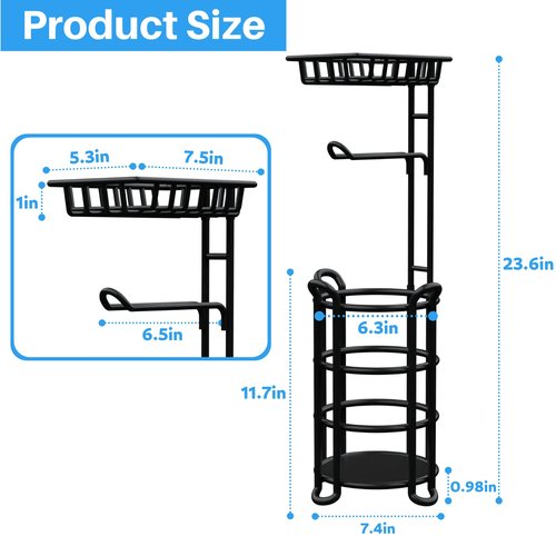 Toilet Paper Holder Stand with Shelf, Free Standing Toilet Tissue Roll Storage Rack for Bathroom, Black
