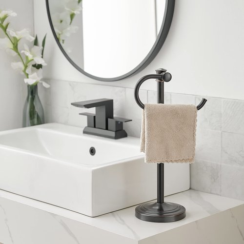 BESy 17 Inch Oil Rubbed Bronze Stand Towel Bar Hanger Hand Towel Bar Bathroom Vanity Countertop Towel Holder Free Standing Stainless Steel Towel Ring Hardware Accessories Towel Rack