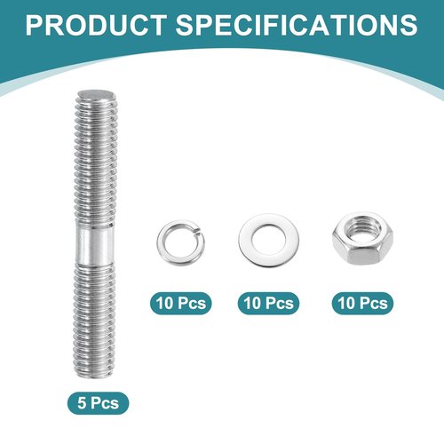 uxcell 5pcs Double Ended Stud Screws, M8x55mm 304 Stainless Steel Dual Threaded Rod Bolts with Nuts and Flat & Lock Washers Double End Threaded Stud Screw Bolt for House Maintenance