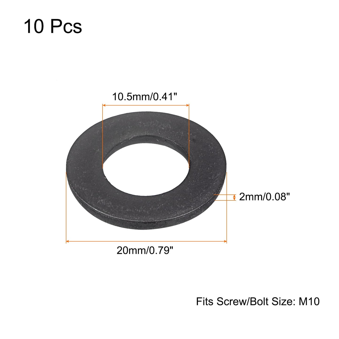 uxcell Carbon Steel Flat Washer Fits M10 Bolts, 10pcs M10 x 20 x 2mm Black Oxidized Grade 8.8 Alloy Steel Fasteners for Mechanical Industry