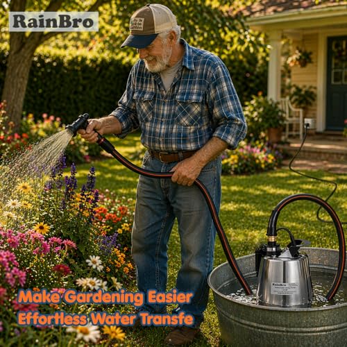 RainBro 1/2 HP Submersible Sump Pump 2300 GPH with Hose, Portable Water Drainage