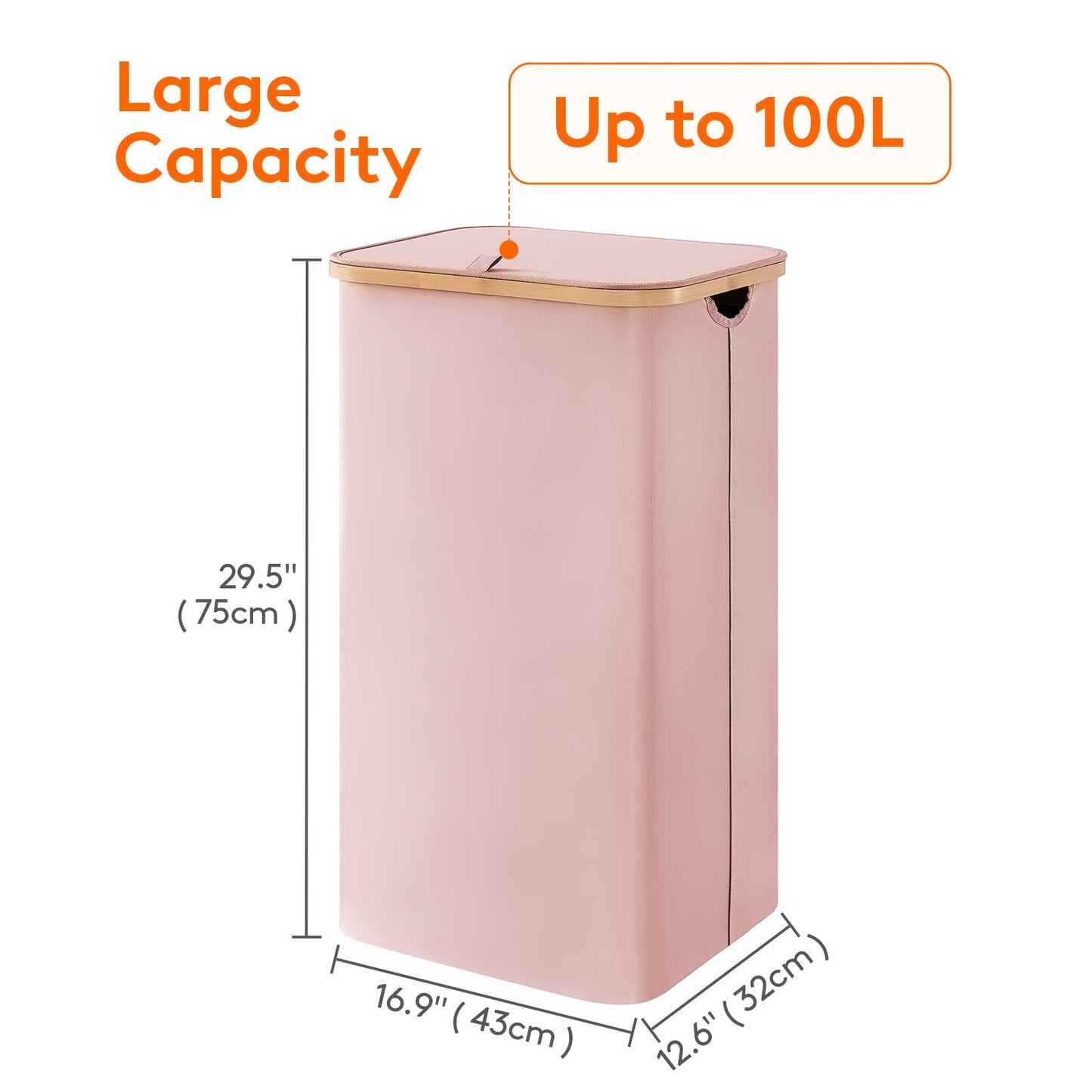 Lifewit 100L Laundry Basket with Lid, Clothes Hampers for Laundry with Bamboo Handles and 1 Removable Bag, Large Foldable Laundry Hamper for Bedroom, Bathroom, Dorm, Laundry Room, Pink