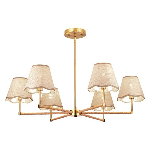ZORYATA Boho Rattan Chandelier, 6-Light Gold Hanging Ceiling Light Fixture, Adjustable Rustic Pendant Lamp for Dining Room, Kitchen Island, Living Room, Bedroom, Sloped Ceiling Lighting