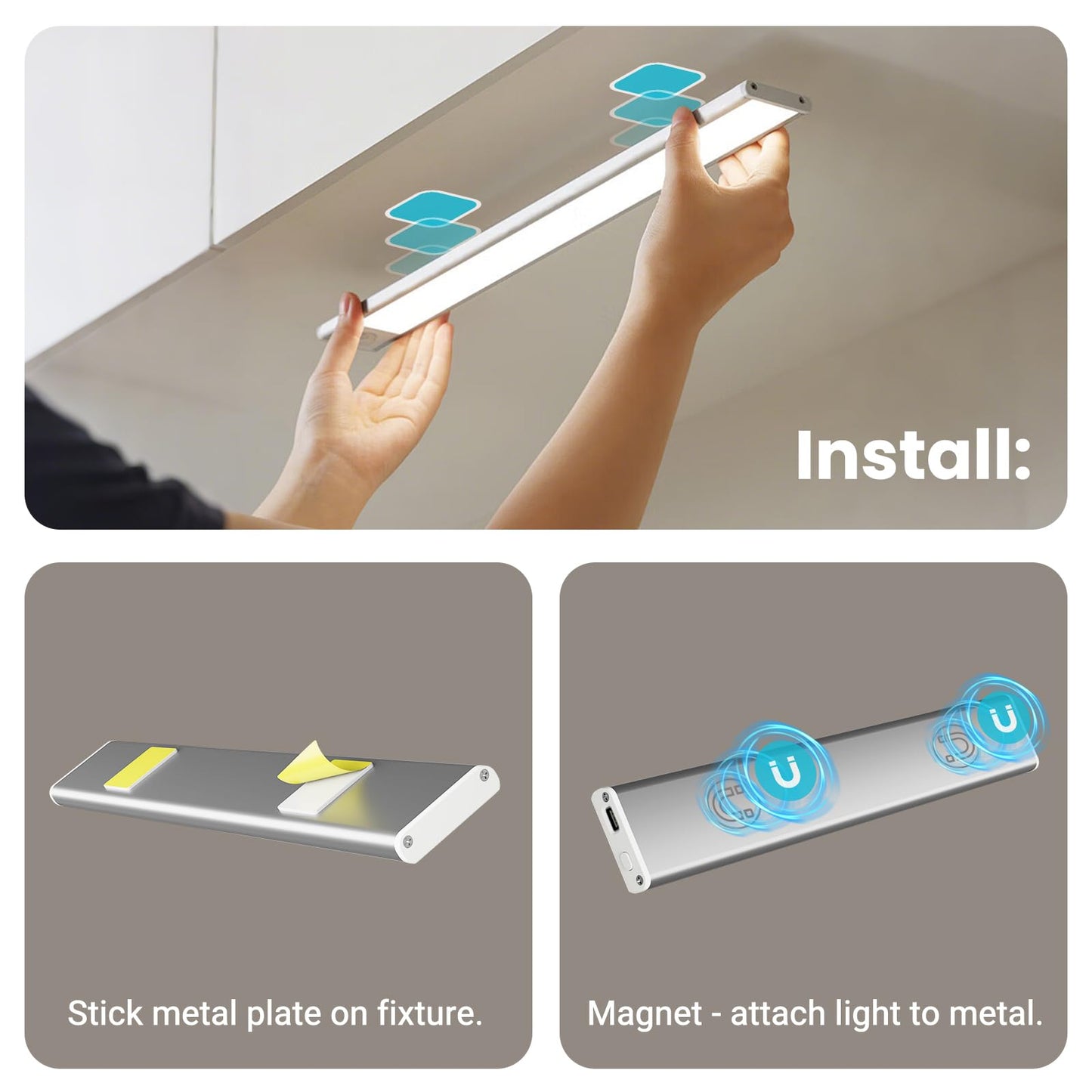 hyrion Under Cabinet Lights, Dimmable LED Rechargeable 1000mAh, Motion Sensor Light with 3 Color Temps, Magnetic Wireless Closet Lighting for Kitchen Cabinets, Stairs, Wardrobe (Battery Operated)