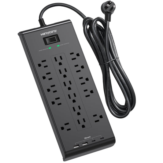 Surge Protector Power Strip, HANYCONY 5 Ft Flat Plug Heavy Duty Extension Cord with 16 Outlets 4 USB Ports(2 USB C), 2700 Joules, Wall Mount for Home Office, ETL Listed, Black