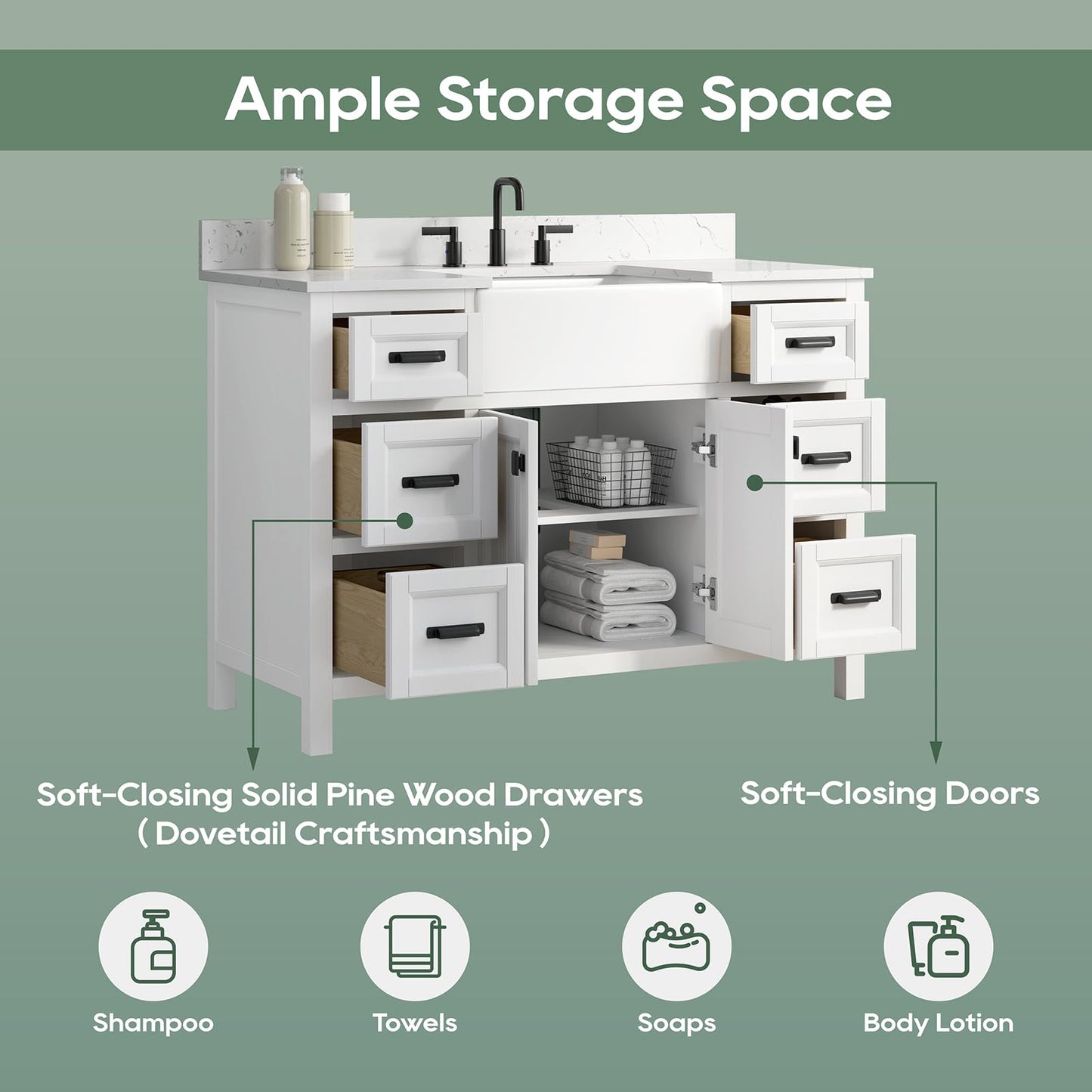 DELUXE LIVING 48 Inch Bathroom Vanity with Apron Farm Sink, White Farmhouse Bathroom Sink Cabinet with Soft Closing Doors & Dovetail Drawers, Single Sink Bathroom Vanity, No Assembly Required