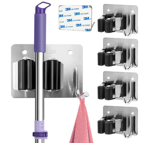 HAOYOWJY Mop Holder and Broom Holder Wall Mount Stainless Steel 304 Tool Garage Organization Rack Screw and Self Adhesive Broom Hanger Heavy Duty 4pcs