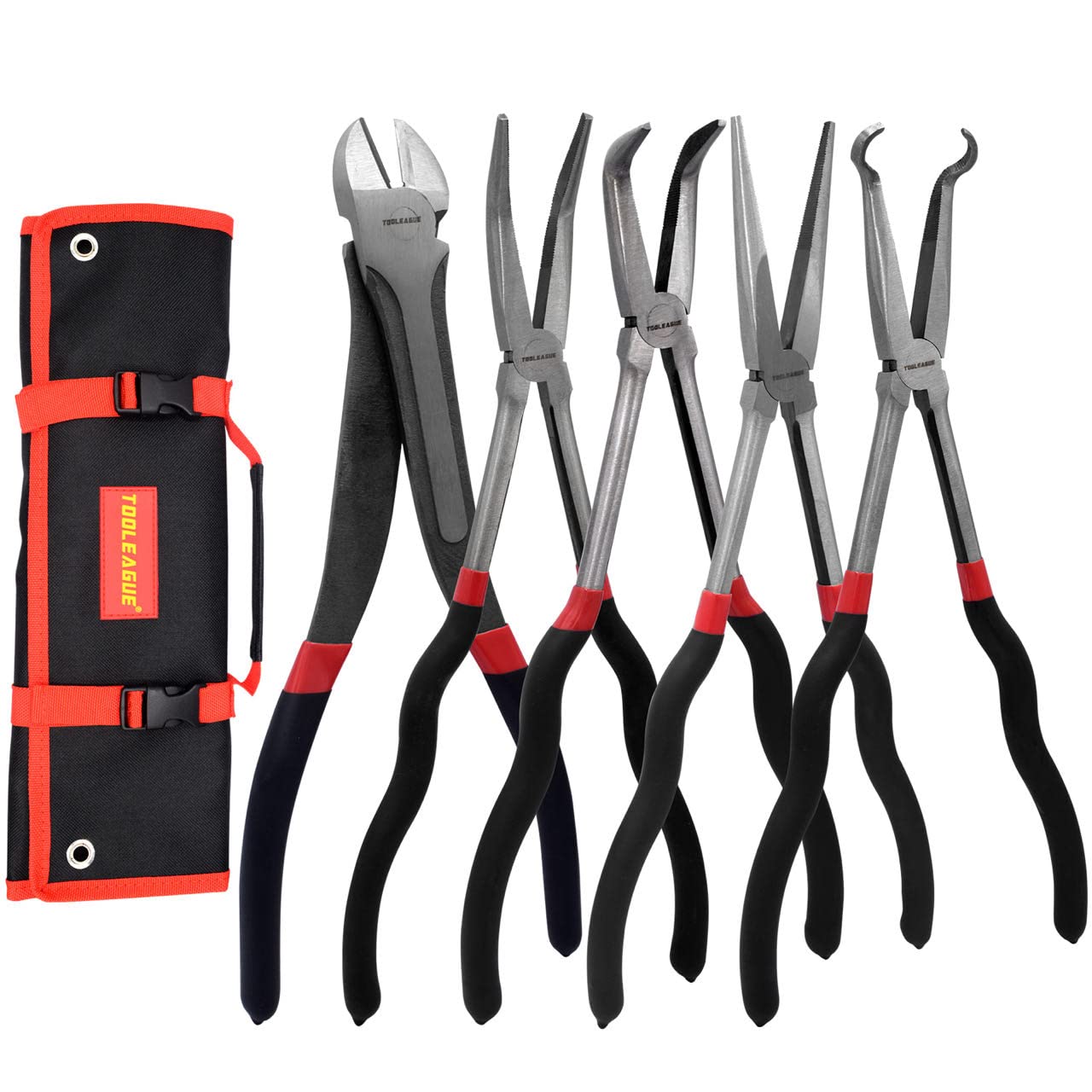 TOOLEAGUE 5Pcs Extra Long Needle Nose Pliers Set, 11" Long Reach Straight,45/90 Degree Bent Nose,Diagonal Pliers and O-shape Tip Craft Repairing Tool