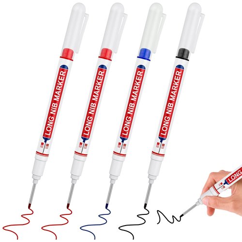 Foyods 4PCS Deep Hole Marker Pen, 3-Color Long Reach Head for Construction Hole Marking Waterproof, Permanent Ink Long Carpenter Pens with Extended Nose Tips (Red, Blue, Black)