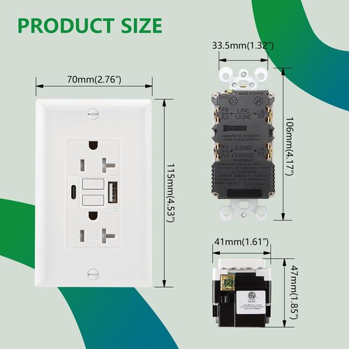 Wengart GFCI Outlet with USB in-Wall,20A Self-Test with LED Indicator Tamper Resistant DC5V 4.8A Charger Outlet with USB Type A & TypeC,White