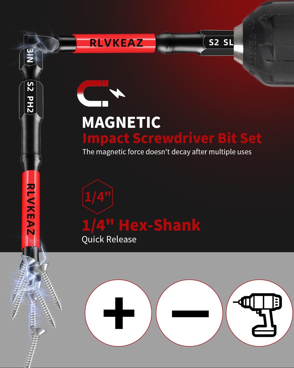 10-PCS 3" Long Magnetic Screwdriver Bits Set: Phillips Bits #1/#2/#3 & Slotted Head - S2 Alloy Steel, 1/4" Hex Shank for Impact Driver, Power Drill - Pro & DIY