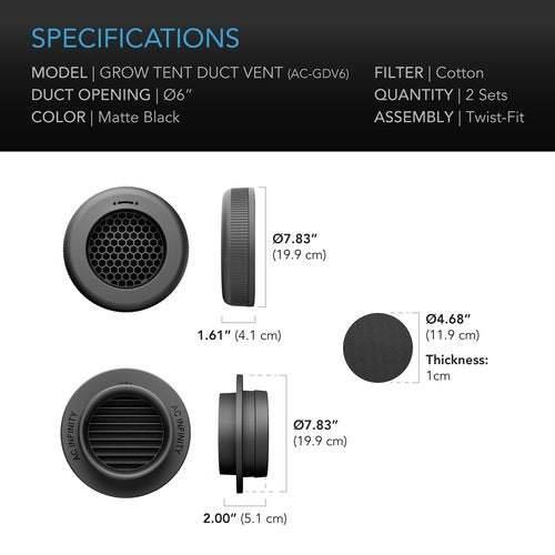 AC Infinity Grow Tent Duct Vent, 2 Pack – Light-Blocking Twist-On Air Vents with Built-in Adapter, Insect & Dust Filter, High Airflow, Fits Standard 6-Inch Duct Ports