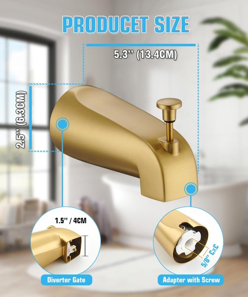 FROPO Tub Spout with Diverter, Slip On Bathtub Spout Fits 1/2'' Copper Tube(5/8'' Dia), Bathroom Tub Faucet with PTFE Tape & Hex Wrench, Brushed Gold