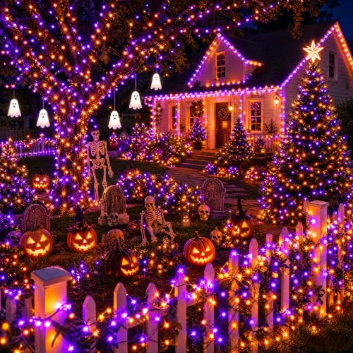 Dazzle Bright Halloween 300 LED String Lights - Purple & Orange, 100FT, 8 Modes, Outdoor Decorations