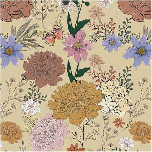 Floral Peel and Stick Wallpaper Vintage 17.3"x78.8" Peony Wallpaper Khaki Removable Self Adhesive Wall Paper Large Flower Contact Paper for Bedroom Boho Wallpapers for Cabinets and Drawer Decor Vinyl