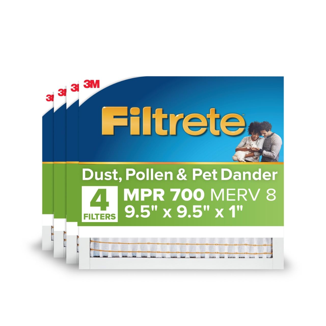 Filtrete 9.5x9.5x1 AC Furnace Air Filter, MERV 8, MPR 700, Tough on Pollen, Easy on Airflow, 3-Month Pleated 1-Inch Electrostatic Air Cleaning Filter, 4-Pack (Actual Size 9.187 x 9.187 x 0.81 in)
