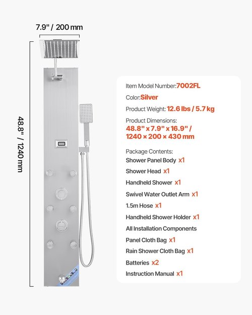 VEVOR Shower Panel Tower System with Rainfall Shower Head, LED, 49 in Brushed Stainless Steel Shower Column, 4-Function Faucet, Wall-Mount Rain Massage System with 6 Body Jets, Handheld, and Tub Spout