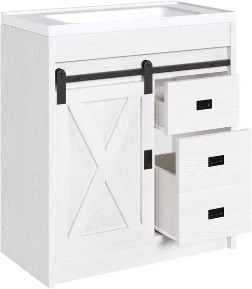 4ever2buy Farmhouse Bathroom Vanity with Sink, Bathroom Vanity Cabinet with 2 Drawers & Sliding Barn Door, White