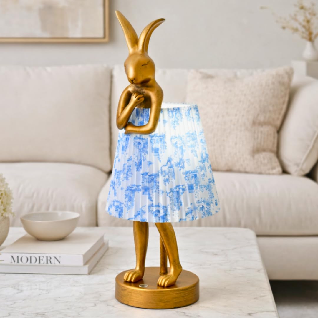 ZenithLight Rabbit Table Lamp Rechargeable, Cordless LED with Linen Shade and Gold Resin Base, Touch Dimmable Wireless Lamp for Bedroom Nightstand Kids Room Nursery Living Room - Pattern