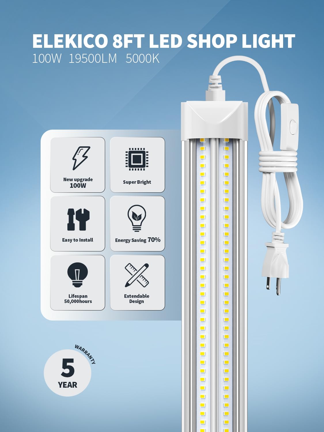 ELEKICO 8' Led Shop Lights,Super Bright 19500LM 100W 5000K 8FT Led Shop Light, Linkable 8FT Garage Ceiling Lights for Garage Ceiling Workshop Warehouse