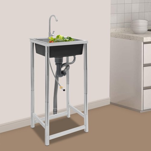 Utility Sink Stainless Steel Single Bowl Kitchen Sink with 360° Rotatable Faucet and Strainer Basket Free Standing Commercial Sink for Restaurant Laundry Garage Garden Backyard