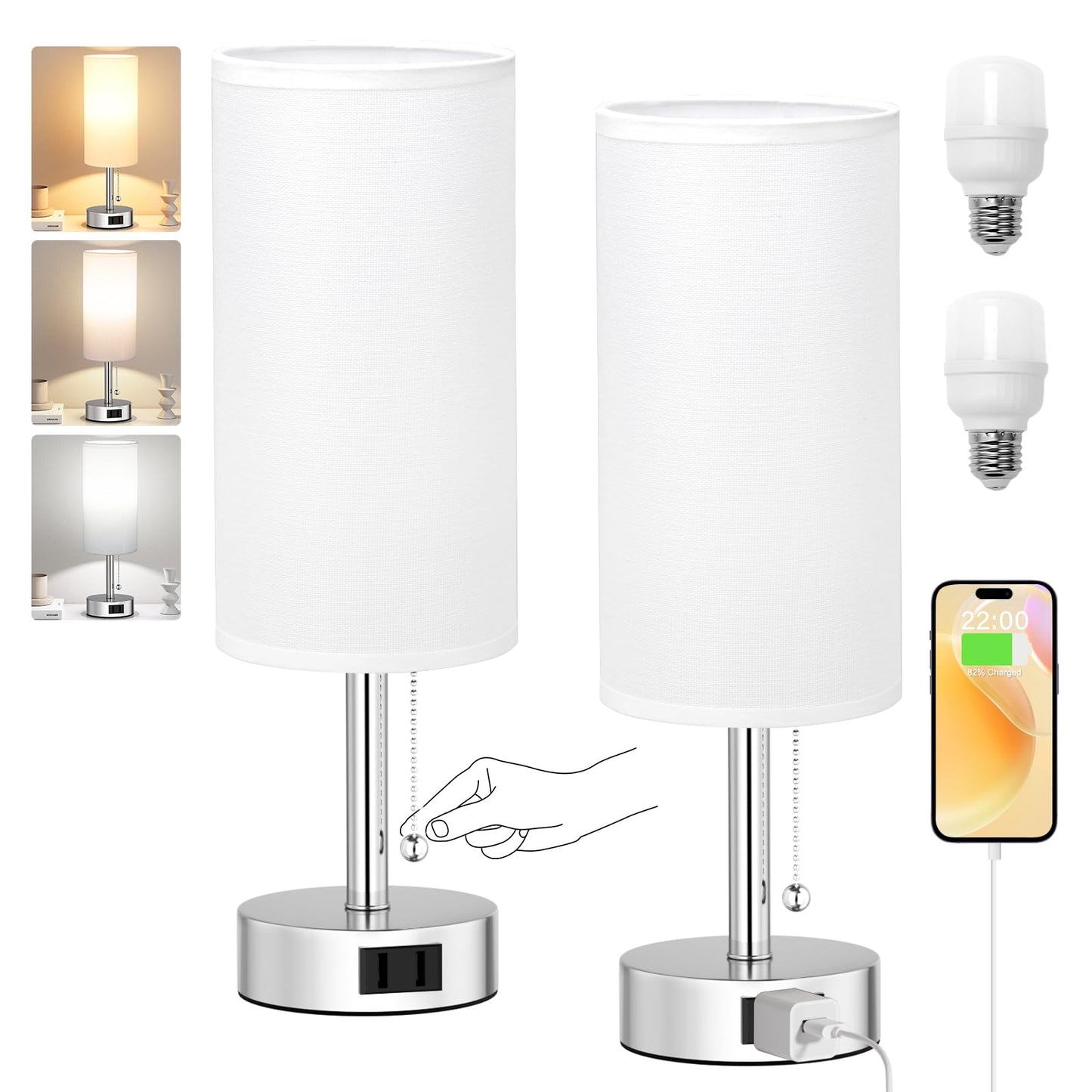 Fenmzee White Silver Bedside Table Lamps Set of 2-3 Color Temperatures Pull Chain Lamp with AC Outlet Charging Port, Two Round Night Stand Lamps for Bedroom, Small Bed Side Light with E26 LED Bulbs