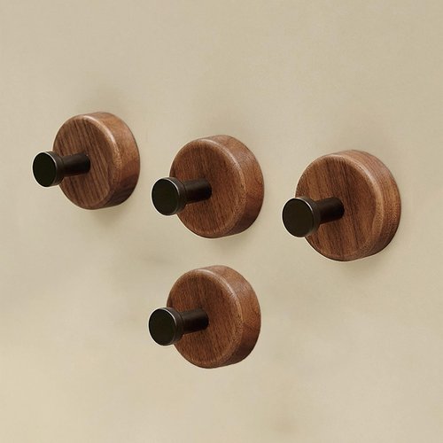 Adhesive Wall Hooks - Dark Walnut Wooden Decorative Command Hat Hooks for Wall - Bathroom Towel Holder Shower Accessories - Towel Hooks for Bathrooms Go Hang It Racks Hanging (4, Black)