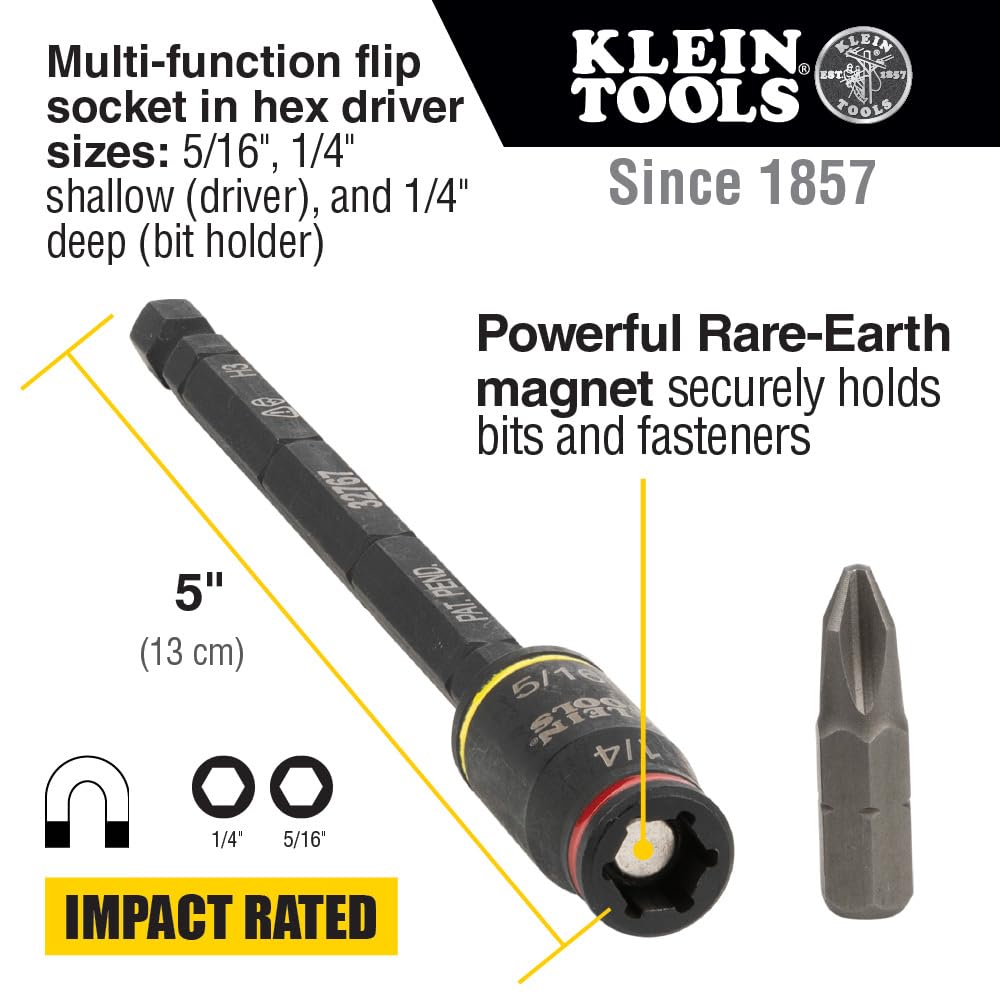 Klein Tools 32768 Impact Driver Set, 3-in-1 SAE Impact Socket and Bit Holder, Flip Socket with Nut Drivers in 1/4 and 5/16 Hex Sizes, 3 and 5-Inch Lengths, 2-Piece